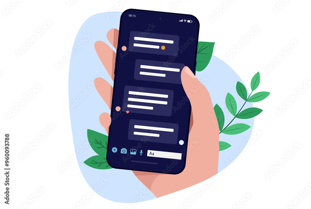 Aufkleber Text message on phone - Hand holding mobile smartphone, texting and reading messages on screen. Front view flat design vector illustration with white background
