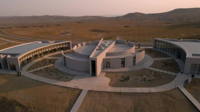 Drone shot ascending while keeping the Mud Volcanoes Tourism Complex in the Qobustan National Park in Azerbaijan in frame at sunset.