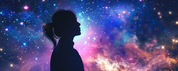 Naklejka premium 3d woman on the background of space and stars.