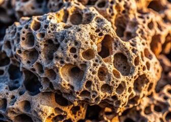 Detailed close-up of a volcanic rock's rough, porous surface, lit by soft, diffused light, highlighting the intricate textures, nooks, and crannies, in a neutral, earthy color palette.