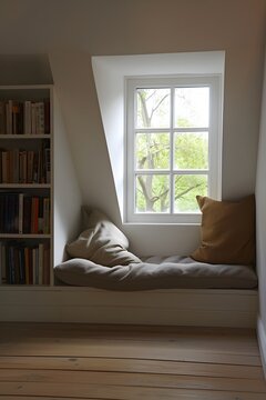 Minimalist room featuring a warm book nook  AI generated illustration