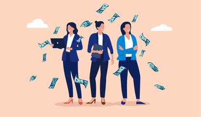 Group of women making money - Team of three smiling female people working and earning great salary and income. Flat design vector illustration