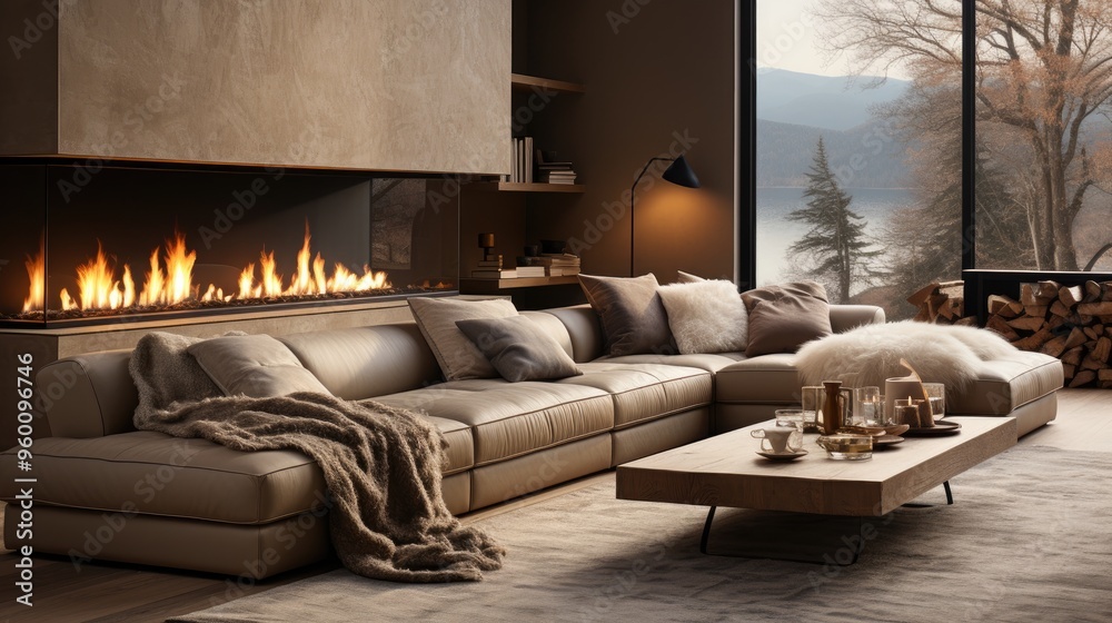 Wall mural sofa and fireplace