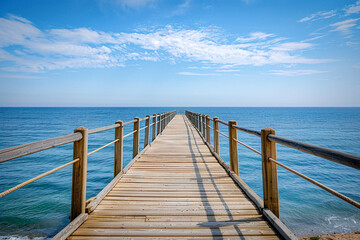 Obraz premium A wooden pier stretching into the calm ocean under a bright blue sky, symbolizing peace and serenity.