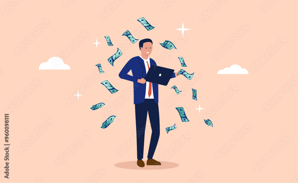 Leinwandbilder Developer making money - Man with laptop computer standing, smiling while money is raining down from the sky. Salary and income concept in flat design vector illustration