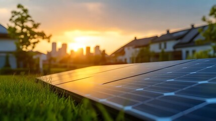 Fototapeta premium Urban Rooftop Solar Panels bathed in Golden Hour Light, Embracing Eco-Friendly Energy Amidst City Life's Bustle