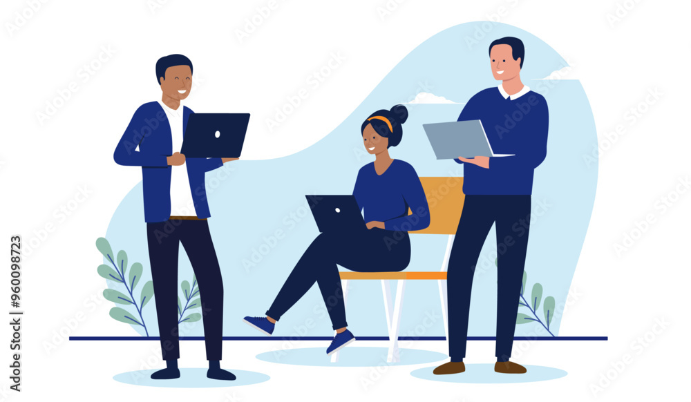 Aufkleber businesspeople with computers working - team of three people using laptop computers, doing work, smi