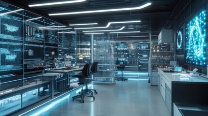 A computer room with a large screen displaying a graph of some sort