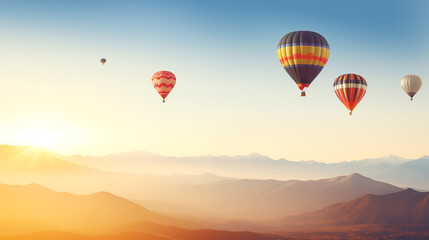Obraz premium Hot Air Balloons Over Sunlit Mountains At Sunrise