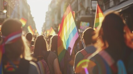 Participants at an LGBTQ pride parade are seen from behind, carrying vibrant rainbow flags. The parade moves through urban streets, highlighting themes of diversity, acceptance, and community spirit