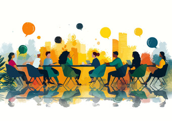 Team Collaboration in Modern Office Setting - Vector Illustration of Diverse Group Discussing Around Table Amidst Abstract Background