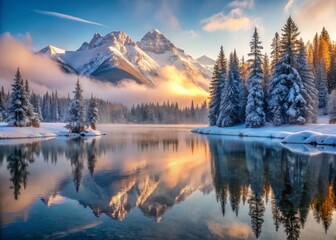 Icy peaks and snow-capped trees reflecting off the still waters of a frozen lake, with the misty veil of dawn slowly lifting to reveal the tranquility of the winter wonderland.