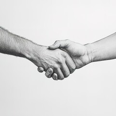 Fototapeta premium A simple pencil drawing of two hands holding each other, against a simple white background, in black and grey, with a realistic style.