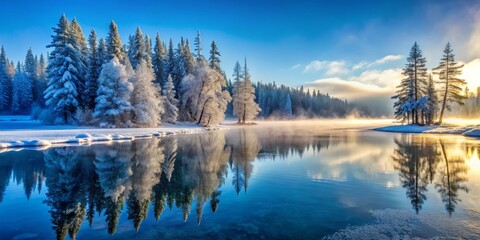 Obraz premium Frozen lake on a crisp winter morning, frost-covered pines standing tall on the shore, misty fog rising from the water, vibrant blues and whites.