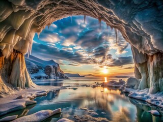 Fototapeta premium Wide-angle shot of a massive ice cave, with towering ice walls and a frozen lake in the distance, captured in HDR to preserve the full dynamic range of the scene