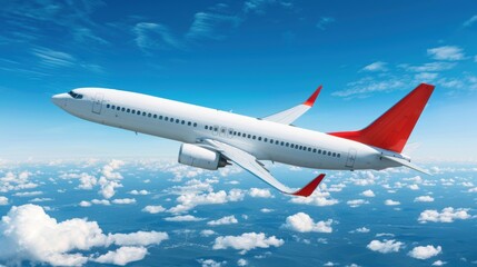 Obraz premium Airplane flying in the blue sky. Travel concept.