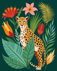 Obraz premium Vector image of leopard, fern tropical flowers and plants for poster, postcard, banner.