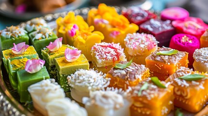 colorful Diwali sweets arranged beautifully on a traditional plate