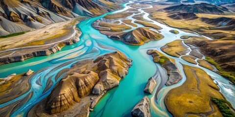 Overhead shot of a glacial river snaking its way through a barren, rocky landscape, with vivid turquoise water standing out against the muted earth tones
