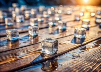 Obraz premium Ice cubes scattered on a hot summer day, slowly melting into tiny puddles on a weathered wooden deck, with a shallow depth of field to blur the background and emphasize the texture of the wood.