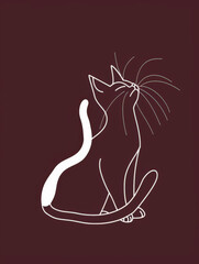 Clean white line art of a cat on a rich, dark plum background with a subtle smooth texture. The cat is depicted in a playful stance with an arched back.