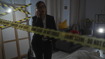 A middle-aged woman detective in a blazer speaks on a phone at an indoor crime scene with caution tape in a living room