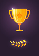 Vector illustration of a winner's cup and a golden laurel branch on dark violet background. Golden trophy award. Prize symbols