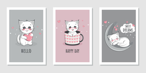 A set of postcards with a cute kitten sleeping sweetly, holding a heart and peeking out of a mug. Vector design for postcards, covers, banners and more.