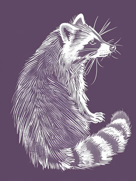 recommend clip art: Clean white line art of a raccoon on a dusky violet rough background. The raccoon is depicted with its characteristic ringed tail.