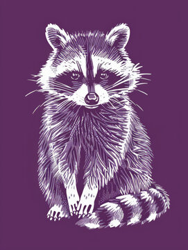 recommend clip art: Clean white line art of a raccoon on a dusky violet rough background. The raccoon is depicted with its characteristic ringed tail.