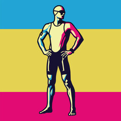 Triathlete stands confidently ready to compete. Vector illustration