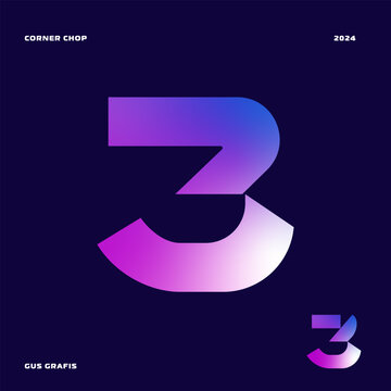 Number 3 corner chop or corner cut, font, lettering, typography with sharp edges, bold, masculine, and futuristic style. Perfect for logos, display, design elements etc.