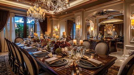A large, ornate dining room table set for a formal dinner.