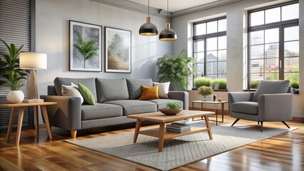 In this inviting living room, a gray sofa is set off by vibrant throw pillows, a charming accent