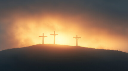 Three crosses stand on a hill, softly illuminated by the first light of dawn. The gentle lighting reflects the new beginning and hope brought by Jesus Christ. photo