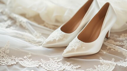 A pair of bridal shoes resting on an embroidered lace fabric, showcasing intricate patterns and elegant design. Perfect for wedding themes and bridal fashion.