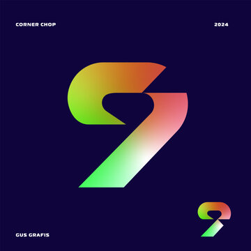 Number 9 corner chop or corner cut, font, lettering, typography with sharp edges, bold, masculine, and futuristic style. Perfect for logos, display, design elements etc.