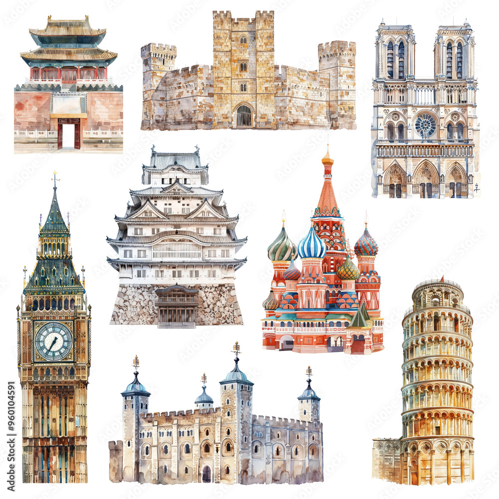 Wall mural PNG Watercolor landmark element set, transparent background