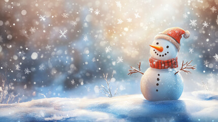 Obraz premium Smiling snowman with a red hat and scarf in the snow