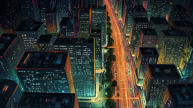 A futuristic AI-powered city grid seen from above, where the streets and buildings form a glowing circuit pattern