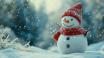 Smiling snowman with a red hat and scarf in the snow