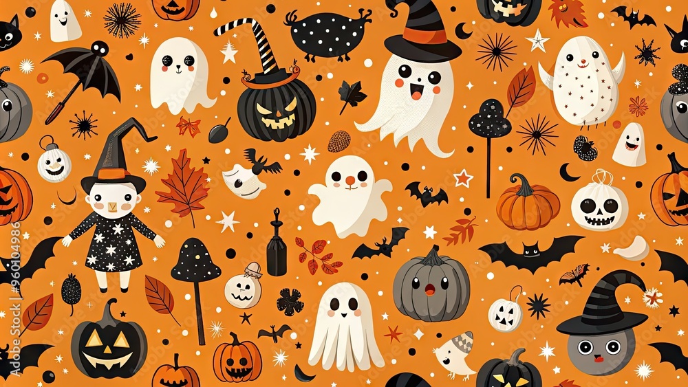 Wall mural spooky yet whimsical illustrations of witches, ghosts, bats, and pumpkins adorn this vibrant orange 