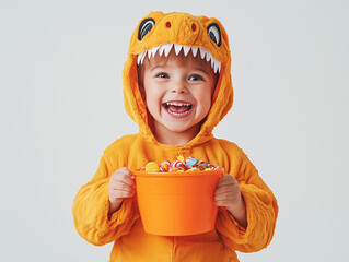 A kid in a dinosaur Halloween costume, roaring playfully, holding an orange trick or treat candy bucket, isolated on a white background, halloween, kids, trick or treat, festive