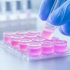 A close-up of a scientist's hand using a pipette to transfer liquid into pink gel cubes in a laboratory setting.