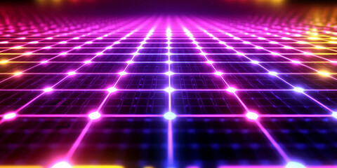 A neon lighting background featuring a grid of bright neon yellow and purple squares, creating a pulsating, energetic visual.