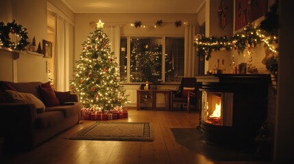 Cozy Scandinavian living room with Christmas tree and fireplace creating a warm festive atmosphere. Decorated for the holidays with garlands and lights, perfect for family gatherings.