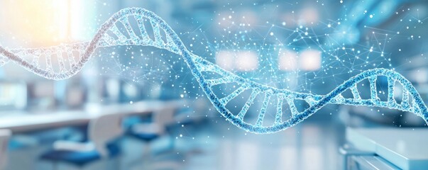 Abstract representation of DNA with a modern laboratory background, symbolizing biotechnology and genetic research.