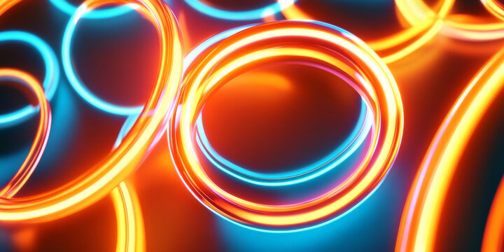 A neon lighting background with overlapping rings of neon orange and cyan, creating a dynamic, layered effect that bursts with energy.