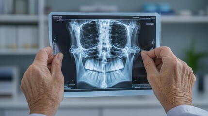 Elderly person examining an X-ray of their bone structure, highlighting areas of concern, osteoporosis awareness campaign, detailed and realistic, clinical setting