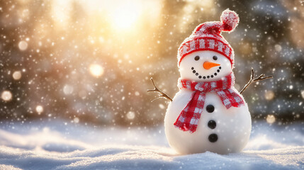 Fototapeta premium Smiling snowman with a red hat and scarf in the snow